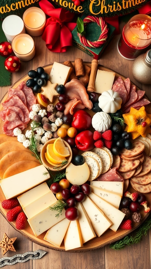 A festive charcuterie board with cheeses, meats, fruits, and sweets for Christmas movie night.